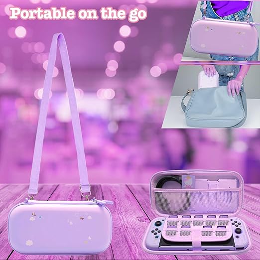 GUTIAL Accessories Bundle for Nintendo Switch OLED - Cute Kawaii NS OLED Accessories kit for Grils Boys Kids with Carrying Case, Cartoon Dockable Cover Case, Screen Protector, Stand - Purple