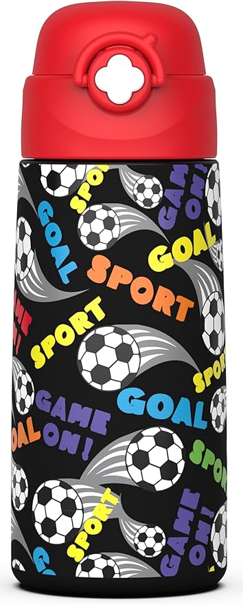 Boys Insulated Water Bottle with Covered Pop-Up Straw,16 oz Kids Cups with Stainless Steel Leak Proof for School（Red-Soccer）