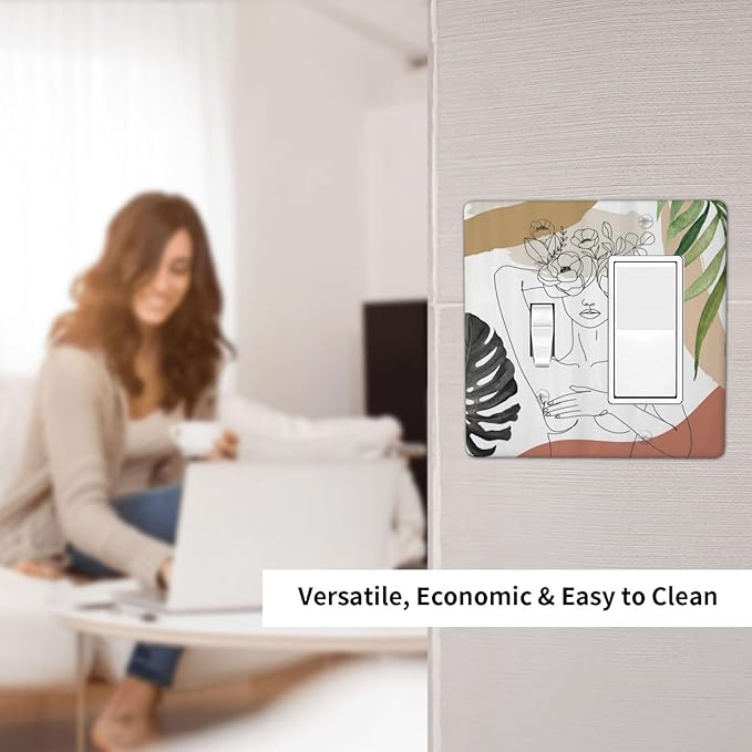 Mid Century Abstract Women Lady Boho Palm Leaf 2 Gang Single Toggle Rocker Combination Light Switch Cover Unique Decorative Wall Plate Cover Electrical Faceplate Switchplate for Livingroom Decor