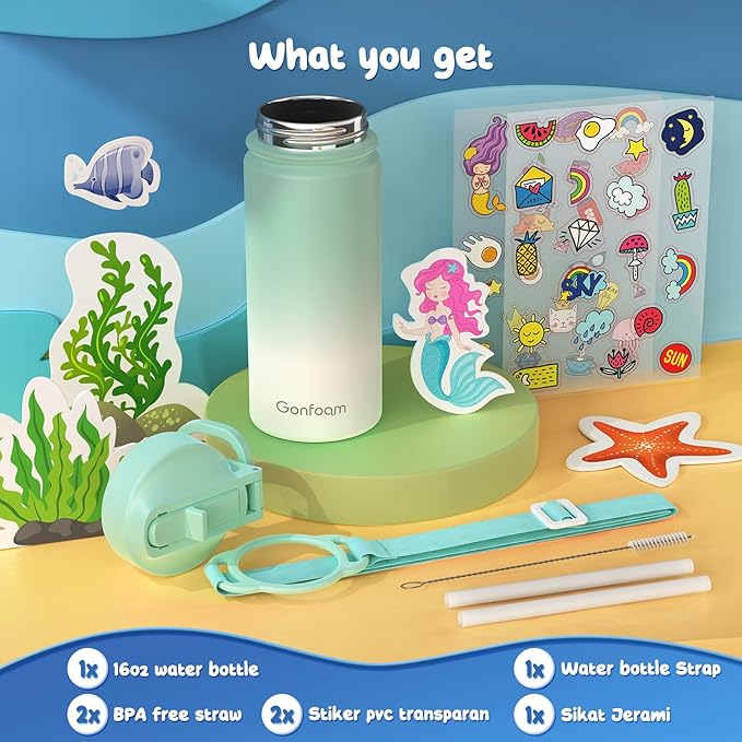 Kids Water Bottle, 16oz Kids Water Bottle with Stickers for School, insulated Stainless Steel Straw Cup(Green/White)