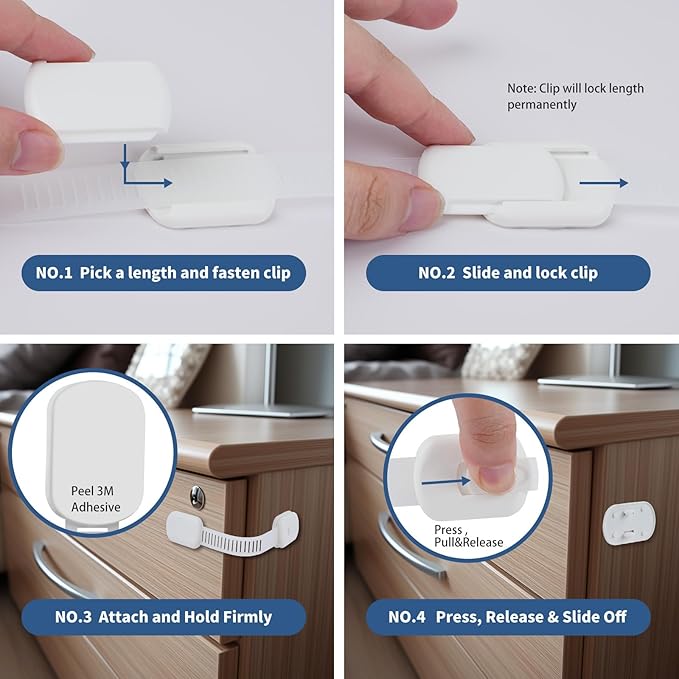 12-Pack Baby Proofing Cabinet Locks, Adjustable Adhesive Safety Strap Latches for Cabinets, Drawers, Fridge, Oven & Toilet Seat,No Drill Child Safety Lock Kit, Easy Installation