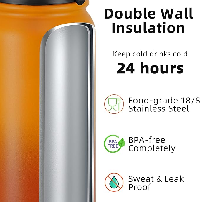 Fanhaw 20 oz Insulated Stainless Steel Water Bottle with Straw Lid, Leakproof & Anti-Dust Sports Bottle for Kids, Women & Men (Yellow Orange)