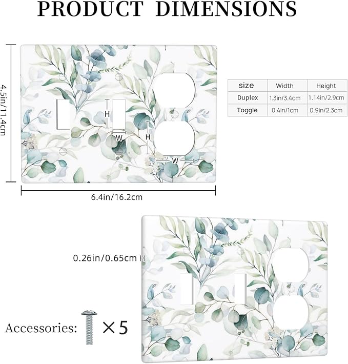 Nature Spring Eucalyptus Green Saga Leaf Plant Botanical 3 Gang Combination 2 Toggle 1 Duplex Receptacle Light Switch Wall Plates and Outlet Cover Triple Device Combo Two Toggle One Receptacle Cover
