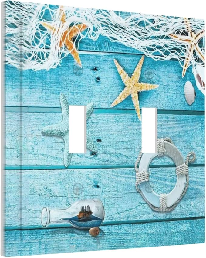 Turquoise Teal Fishing Net Wood Plank 2 Gang Double Toggle Light Switch Cover Electric Wall Plate Electrical Faceplate for Bathroom Home Living Room Jumbo Size Decor