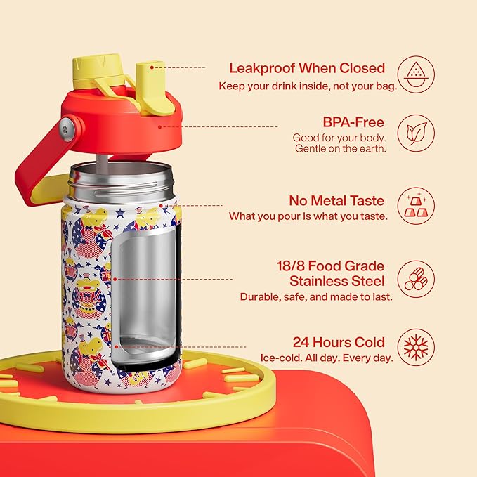 Kids Insualated Water Bottle with Straw,12oz Stainless Steel Water Bottle with Dual Spouts, Leak-Proof,BPA-Free,Double Wall Vacuum Keeps Cold for 24 Hours for Sports,Travel,School (White Hippo Parade)