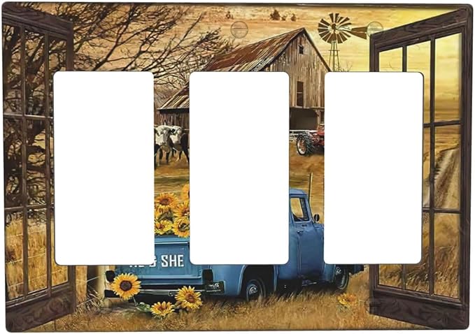 Fall Western Farmhouse Cow 3 Gang Rocker Light Switch Plate Barn door Blue Truck Triple Decora Outlet Wall Cover Faceplate Decorative Wallplate for Bathroom Home Living Room Bedroom Decorate
