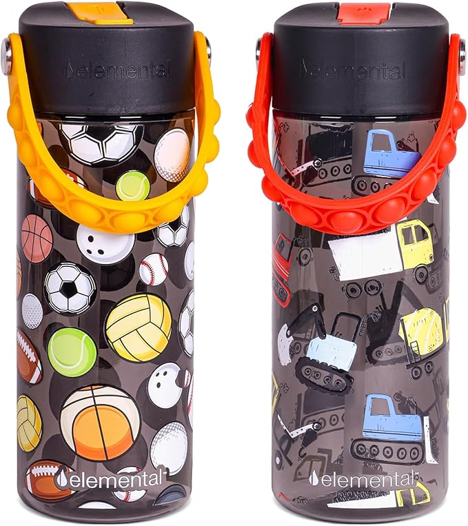 Elemental Leak Proof Water Bottles for Kids - Splash Kids Water Bottle for School with Pop-it Handle - Tritan Plastic Water Bottle with Straw - Sports Ball & Construction - 18oz (2 Pack)
