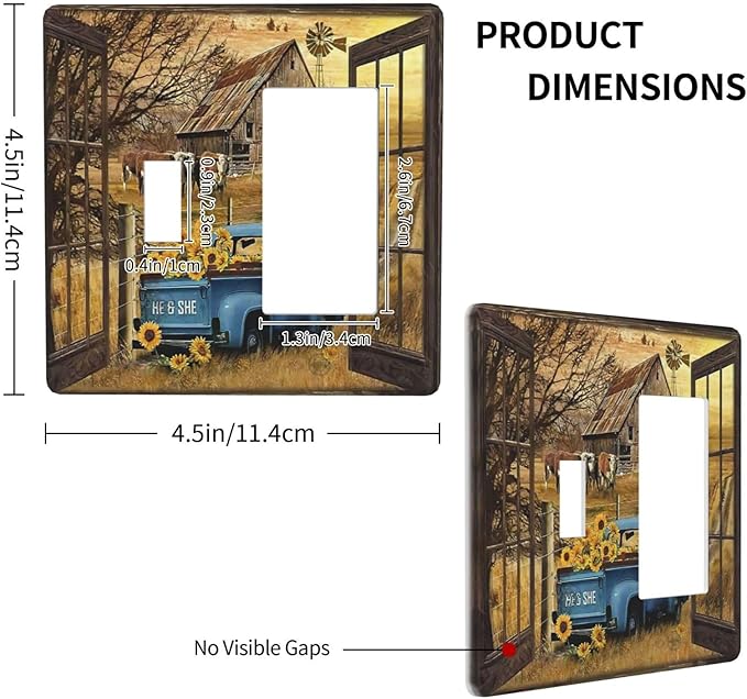 Fall Western Farmhouse Cow 2 Gang Single Toggle Rocker Combination Light Switch Cover Barn door Blue Truck Decorative Wall Plate Cover Electrical Faceplate for Bathroom Bedroom Home Kitchen Decorate