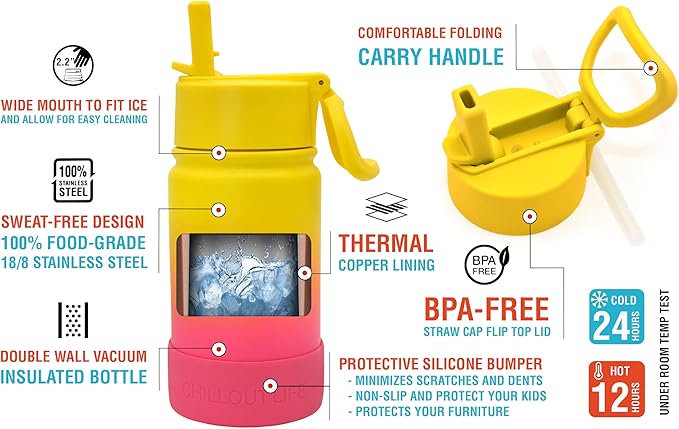 CHILLOUT LIFE 12 oz Kids Insulated Water Bottle for School with Straw Lid Leakproof and Cute Waterproof Stickers, Personalized Stainless Steel Thermos Flask Metal Water Bottle for Girls & Boys