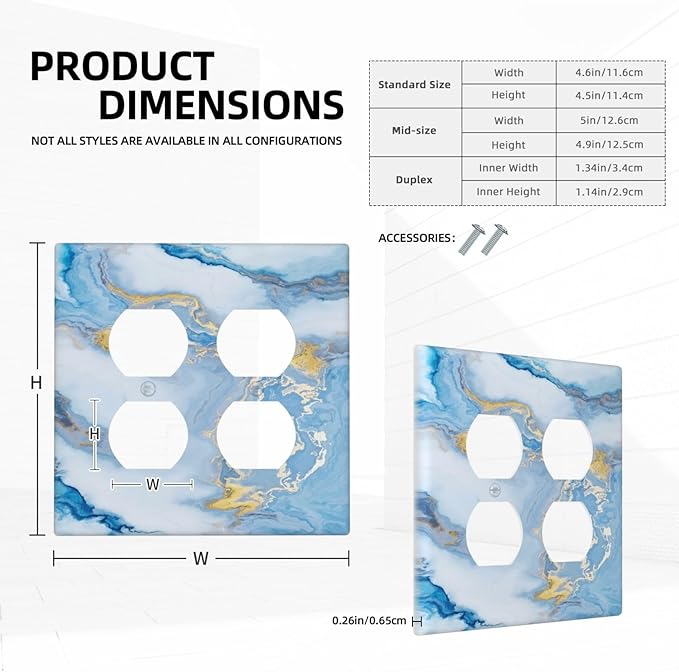 Beautiful Marble Texture Blue Gold Fluid Abstract Print Outlet Covers 2 Gang Double Duplex Decorative Light Switch Covers Electrical Wallplates Socket Faceplate for Bedroom Bathroom Decor