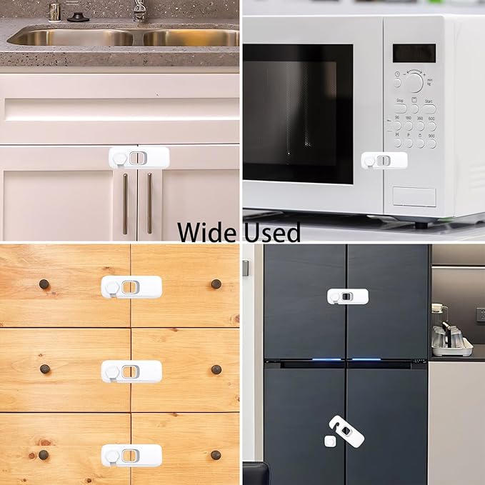 Fridge Child Lock for Refrigerator, Freezer and Cabinet, 2 Pack Adhesive Baby Proof Latches, White