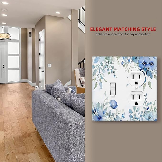 Watercolor Blue Flower Plant Floral Green Leaves Wallplates 1 Toggle 1 Duplex Switch Plate Electrical GFCI Faceplate Decorative Light Switch Covers for Bedroom Living Room Decor