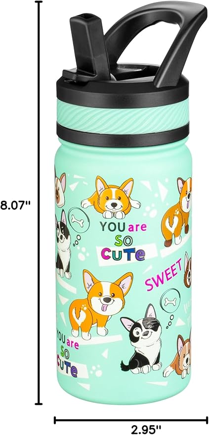 Fanhaw 14 Oz Kids Insulated Water Bottle with Straw - Stainless Steel Double Wall Vacuum Cup, Leakproof, BPA Free, Suitable for Boys and Girls(Green - Dogs)