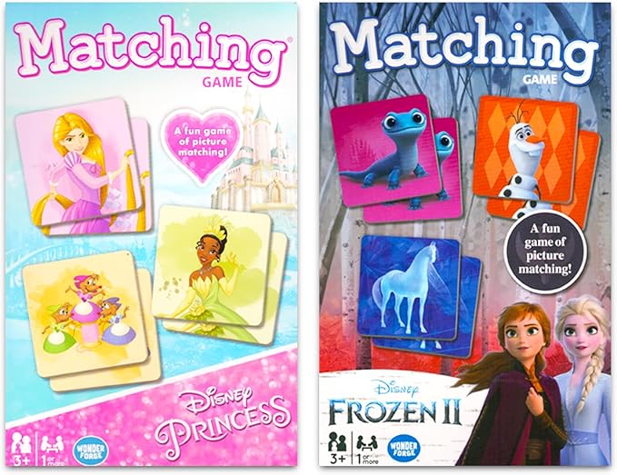 Memory Matching Game Set - Bundle with 2 Card Games Featuring Disney Princesses and Frozen Plus Stickers | Disney Matching Games for Girls