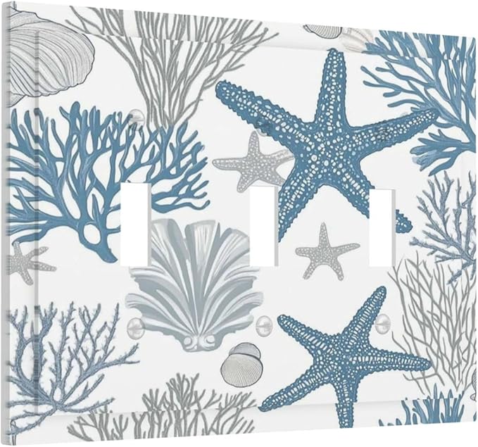 Blue Starfish Nautical Beach Conch Coastal Coral Shell Decorative Switch Plates 3 Gang Wall Plate Triple Toggle Light Switch Cover Faceplate Electrical Wall Panels For Kids Room Bathroom Decor