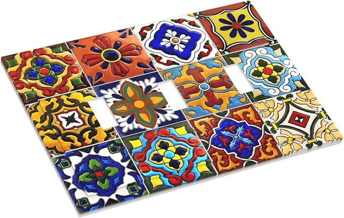 Vintage Colorful Boho Mexican Moroccan Tile Decorative Switch Plates 3 Gang Wall Plate Triple Toggle Light Switch Cover Faceplate Electrical Wall Panels for Farmhouse Home Decor
