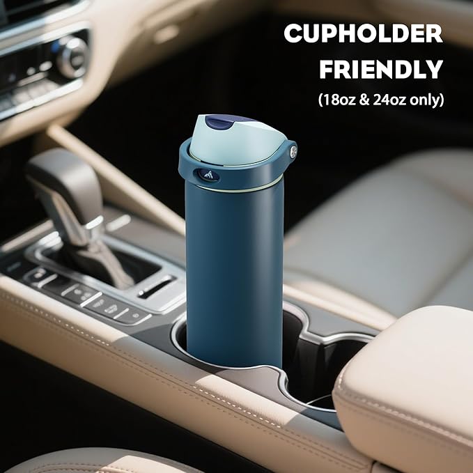 POWCAN 18 oz Insulated Stainless Steel Water Bottle: 2-in-1 Push-Button Spout & Quick-Flip Straw, Leakproof, Cold 24 Hrs, Fits Car Cup Holder, Reusable Metal Bottle for Sports(Denim Blue)