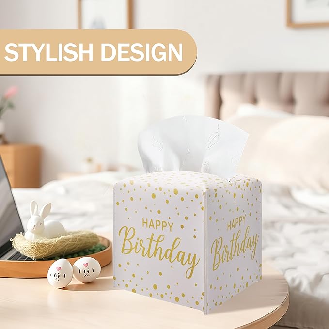 Happy Birthday Gold Foil Dots Tissue Box Cover - Square PU Leather Tissue Holder with Belt Bottom, Decorative Birthday Gift Idea for Birthday Party, Bathroom, Home Office & Car Decorations