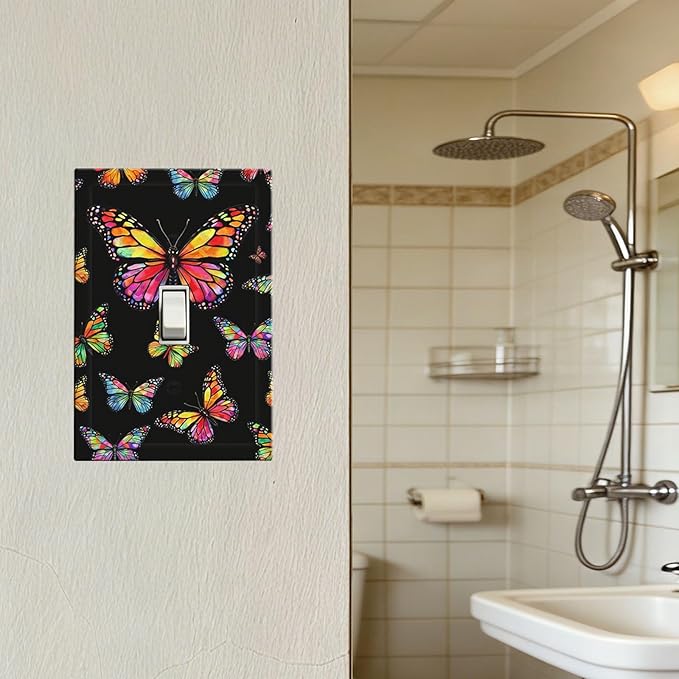 Colorful Butterflies Black 1-Gang Toggle Light Switch Plate, Enchanted Garden Butterfly Decorative Wall Plate for Bedroom Decor