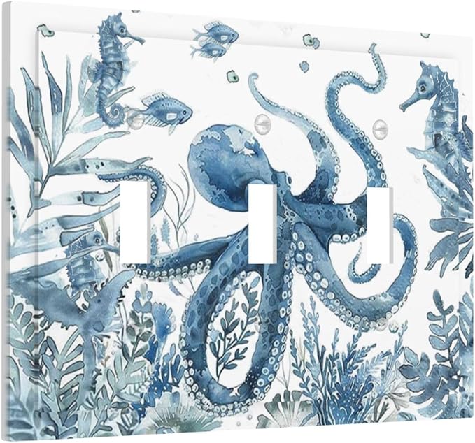Blue Octopus Squid Seahorse Coral Watercolor Wild Sealife Decorative Switch Plates 3 Gang Wall Plate Triple Toggle Light Switch Cover Faceplate Electrical Wall Panels for Bathroom Kids Room Decor