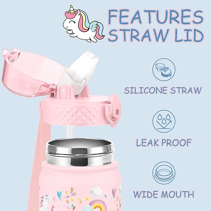 Kids Water Bottle, GOPPUS 18 oz Insulated Water Bottle with Straw, Double Vacuum Leakproof, BPA Free, for Boys and Girls,Pink Unicorn