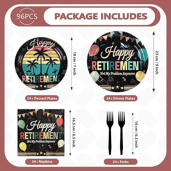 96Pcs Vintage Retirement Party Decorations Colorful Vintage Happy Retirement Plates and Napkins Tableware Sets Retired Themed Decorations for Men Women Retired Farewell Party Supplies Serves 24