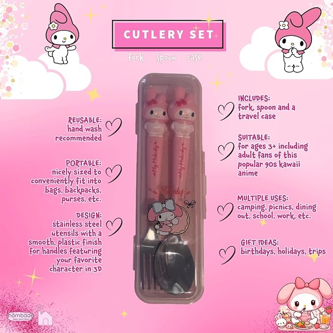 Stainless Steel Cutlery Tableware Flatware Silverware 3 Piece Set Portable Reusable Travel Cute Kawaii Anime Cartoon Dog Bunny for Boys and Girls (Pink Melody)