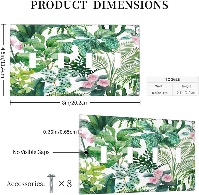 Tropical Palm Leaves Green Jungle Botanical Floral Flowers Light Switch Covers Quad Toggle Electrical Faceplate 4 Gang Wall Plate Decorative Switch Plates for Bedroom Living Room Decor