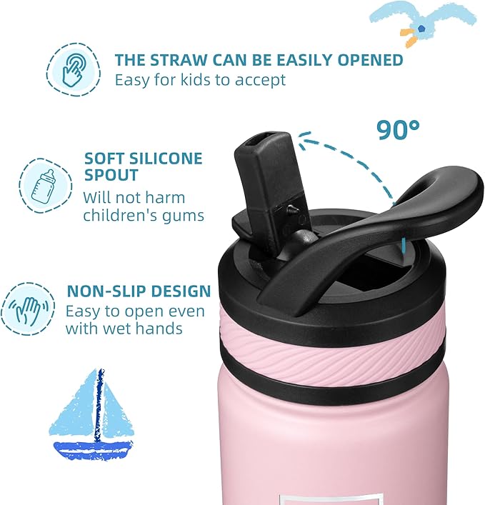 Fanhaw 18 Oz Kids Insulated Water Bottle with Straw Lid – Stainless Steel Double Wall Vacuum, Leak-Proof, BPA-Free Water Bottles for School Boys & Girls(White Black)
