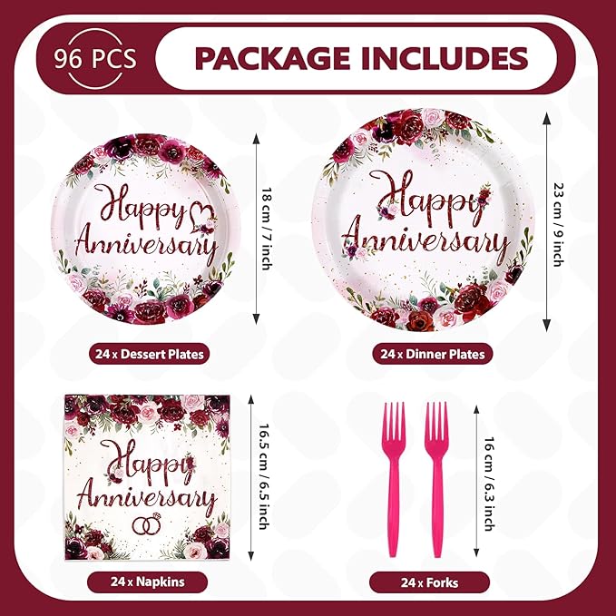 96Pcs Happy Anniversary Party Supplies Burgundy Flowers Anniversary Plates and Napkins Rose Red Burgundy Floral Tableware Set for Women Couple Romantic Wedding Love Party Supplies Serve 24