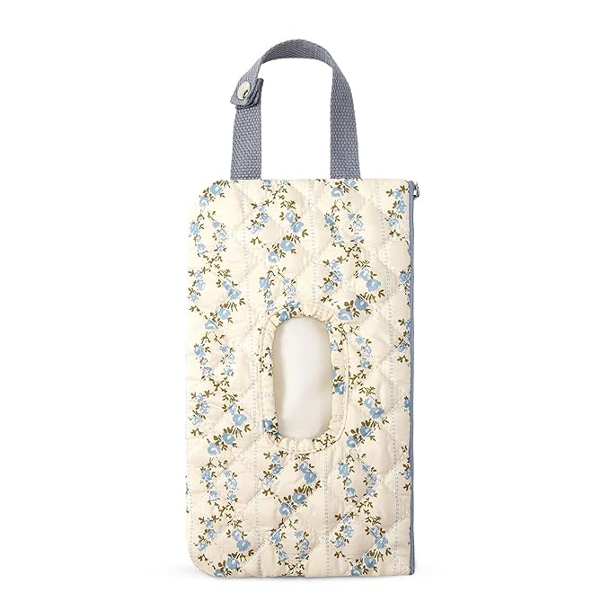 Quilted Baby Diaper and Wipes Pouch Portable Mommy Bag for Stroller Reusable Wipes Pouch with Lanyard for Casual Travel (Blue Flower)