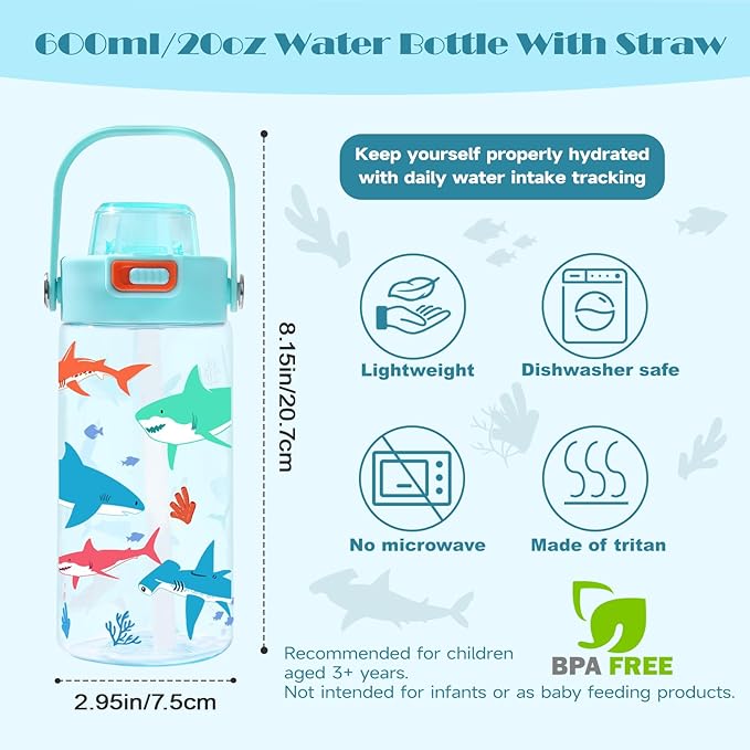Queenshin Kids Shark Water Bottle 20oz BPA Free Tritan Boys Girls School Outdoor Sports Leak Proof Water Cup with Straw Lid Handle Pop-Up Spout Cover