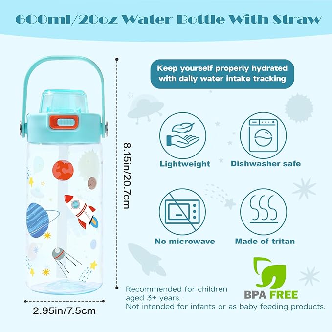 Queenshin Kids Space Water Bottle 20oz BPA Free Tritan Boys Girls School Outdoor Sports Leak Proof Water Cup with Straw Lid Handle Pop-Up Spout Cover