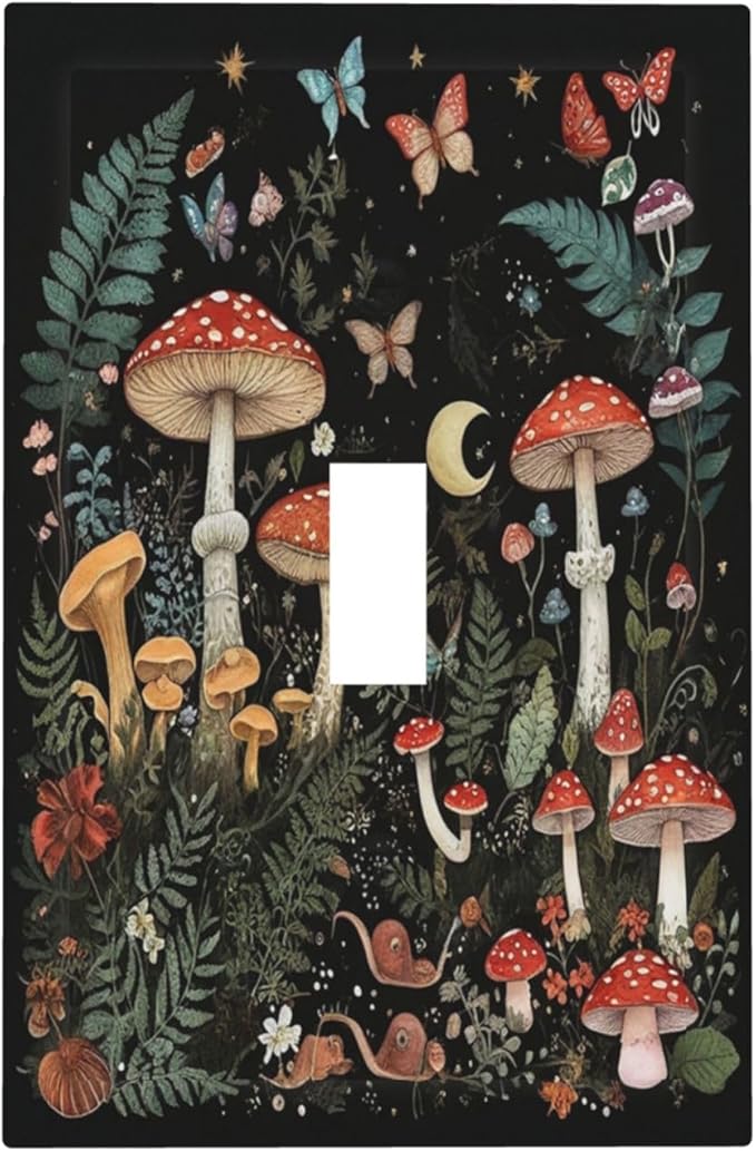 Cartoon Floral Mushroom forest Butterfly Flowers Decorative Light Switch Cover 1 Gang Single Toggle Device Electrical Faceplate Switchplates Decorator Outlet Wall Plate for Bedroom Kids Room Decor
