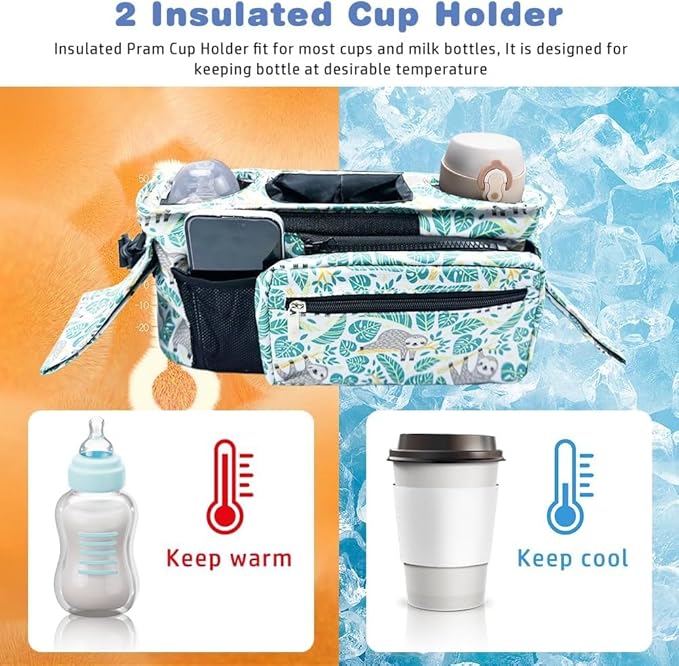 Baby Stroller Organizer, Universal Stroller Organizer with Detachable Phone Bag, Stroller Caddy with 2 Insulated Cup Holders, Buggy Organizer Bag with 2 Hooks Fits Most Strollers (Sloth)