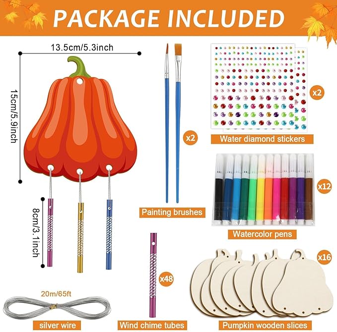 gisgfim 16 Pack Fall Pumpkin Wind Chime Kits Thanksgiving Crafts for Kids Make Your Own Pumpkins Wind Chime Wooden DIY Arts and Crafts for Autumn Party Classroom Decorations Supplies Birthday Favors