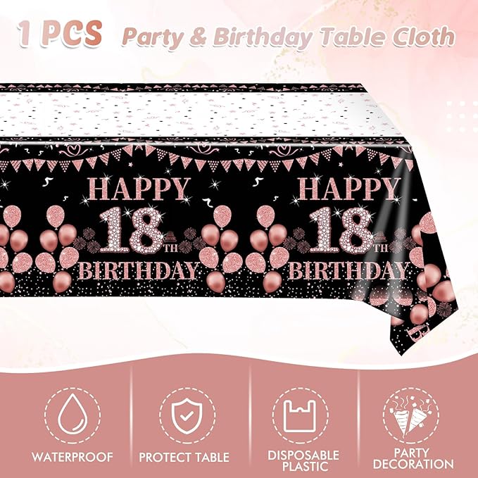41Pcs 18th Birthday Party Decorations for Girls Her, Rose Gold Birthday Supplies Include 20 Plates 20 Napkins and 1 Tablecloth, Sweet Eighteen Year Old Birthday Party Tableware for Girls Kids Children