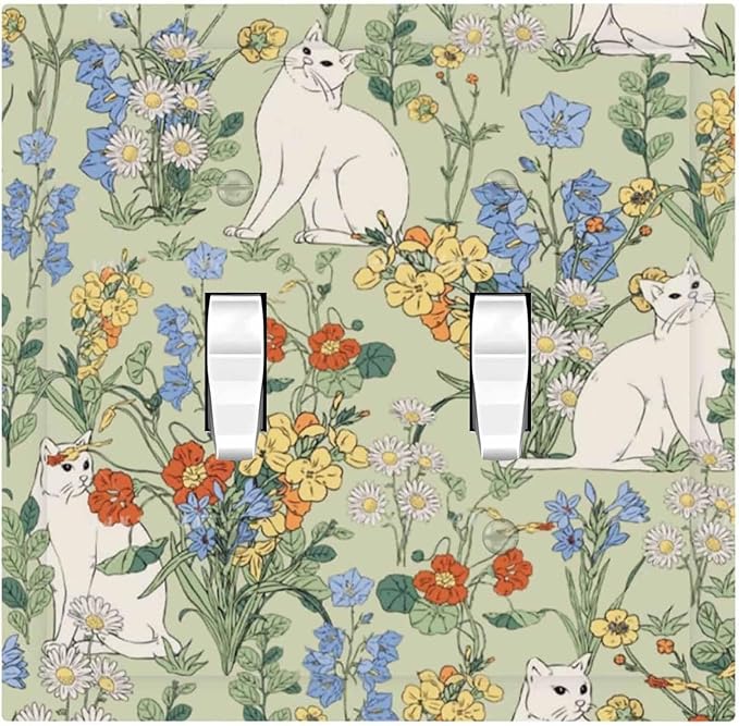 Decorative Switch Plates Vintage Floral Cute Cat Colorful Flowers 2 Gang Double Toggle Outlet Light Switch Cover Wall Plate Electrical Faceplate For Bed Room Living Room Decor