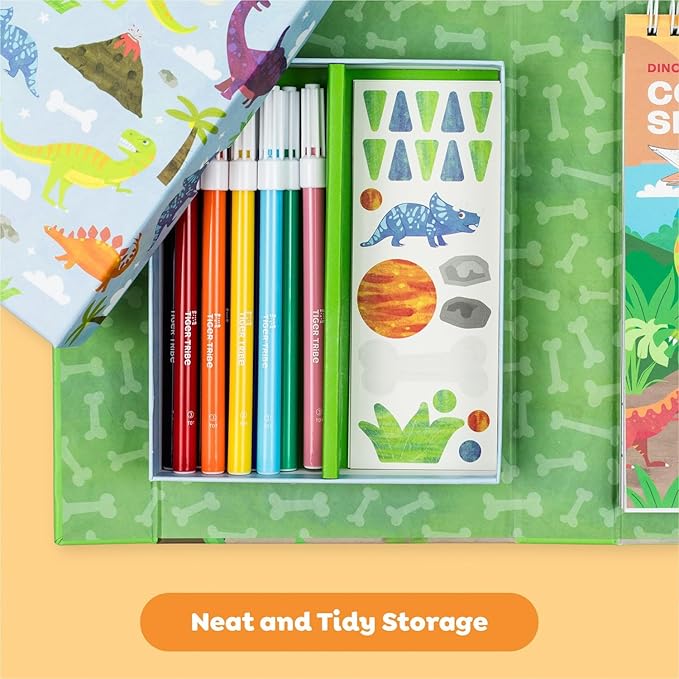 Tiger Tribe Coloring Set - Dinosaurs, Activity Set for Kids, incl. Stickers & Markers Portable Storage Box, Perfect for Travel, Great Gift