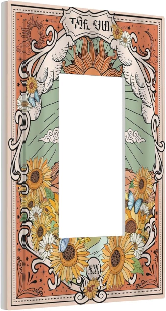 Boho Retro Sun Sunflower Vintage Flower Butterfly Decorative Outlet Covers 1 Gang Single Rocker Light Switch Cover Plate Wall Plates GFCI Faceplate for Farmhouse Home Decor
