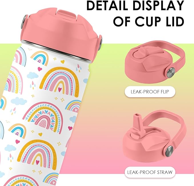 16oz Rainbow Tumbler Cup with Handle and Straw - Pink Stainless Steel Water Bottle for Women Men - Insulated Double Wall Travel Mug, Sweatproof, Non-Slip Base - Birthday Gift Ideas