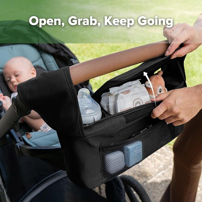 haakaa Universal Stroller Organizer - Black, Single Cup Holder, Stroller Caddy Accessories with Shoulder Strap & Extra Non-Slip Stroller Hook, Fits Most Strollers