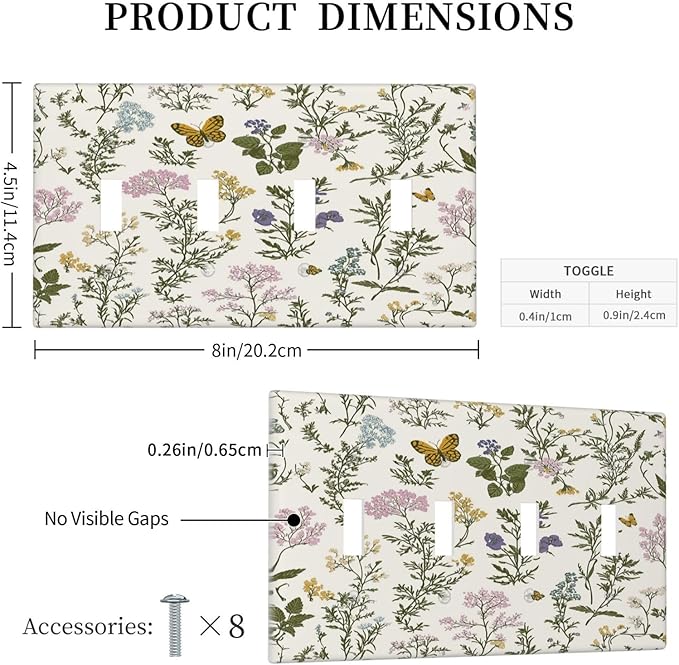 Light Switch Covers Vintage Colorful Flowers Butterfly Floral Quad Toggle Electrical Faceplate 4 Gang Wall Plate Decorative Switch Plates For Bed Room Living Room Decor
