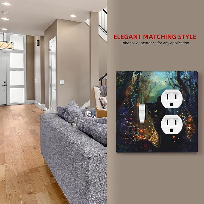 Light Switch Cover Plate Magic Fantasy Forest Mysterious Black Cat 2 Gang Decorative Switch Plates 1 Toggle Duplex Combo Outlet Covers GFCI Wall Plates for Kid Room Bathroom Decor
