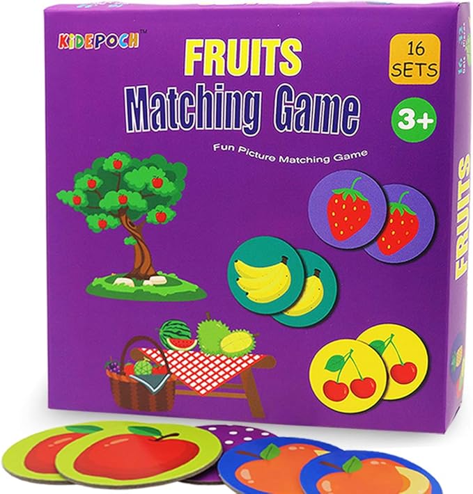 KiDEPOCH Memory Match Game – 16 Matching Pairs Preschool Memory Games Featuring Barnyard Element, Non Toxic Educational Memory Matching Game, Perfect for Kids, Toddlers, 3 Year Old or Up (Fruit)