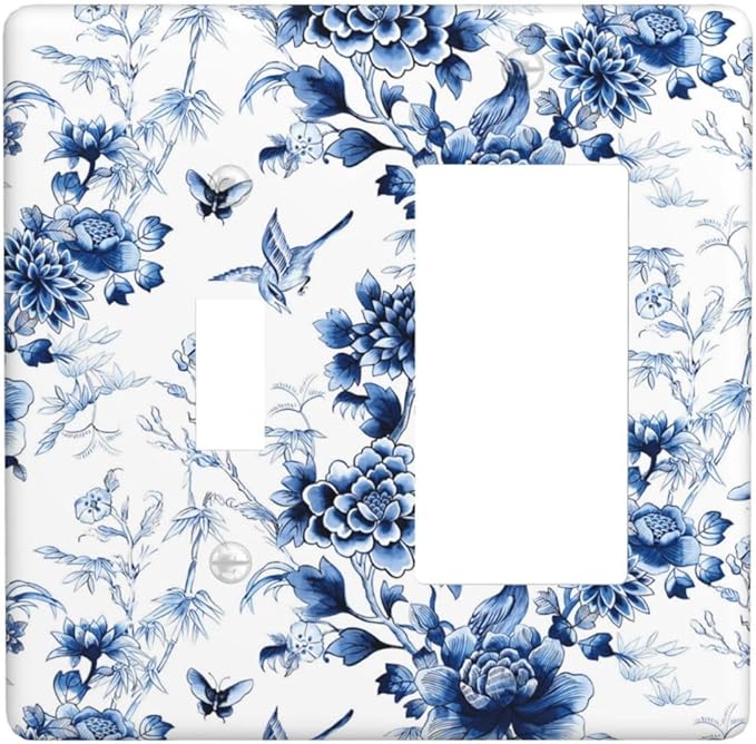 Blue Flower White Floral Plant Bird Butterfly Outlet Covers 1 Toggle 1 Rocker Combination Decorative Wall Plate Electrical Switch Plates Light Switch Cover Plate for Bedroom Living Room Decor