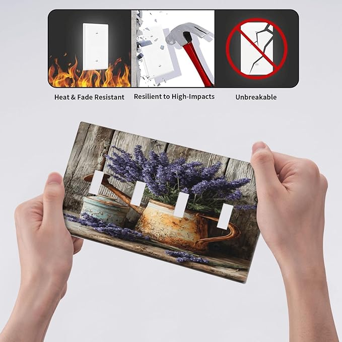 Rustic Flowers Lavender Purple Floral Oil Painting Light Switch Covers Quad Toggle Electrical Faceplate 4 Gang Wall Plate Decorative Switch Plates Cover for Farmhouse Bedroom Decor