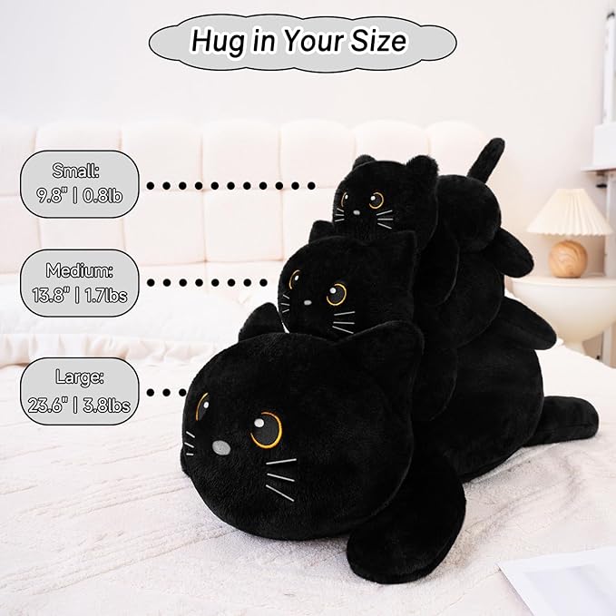 SQEQE Weighted Stuffed Animals Black Cat, Weighted Black Cat Plush, Plushies for Cozy Comfort, Soft Black Cat Pillow Toy for Kids Adults, Christmas & Valentines Gift 9.8 Inch, 0.8 Lb