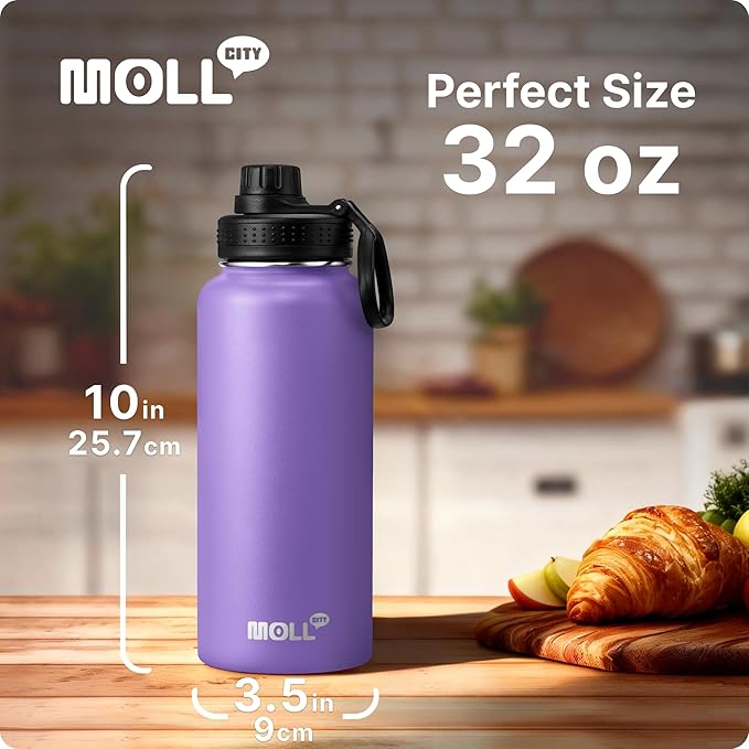 Insulated Water Bottle-32 oz Stainless Steel Vacuum Wide Mouth Sports Flask with Silicone Boot-Reusable Metal Leak Proof Travel Water Bottle for Girls Boys, BPA-Free(Purple)