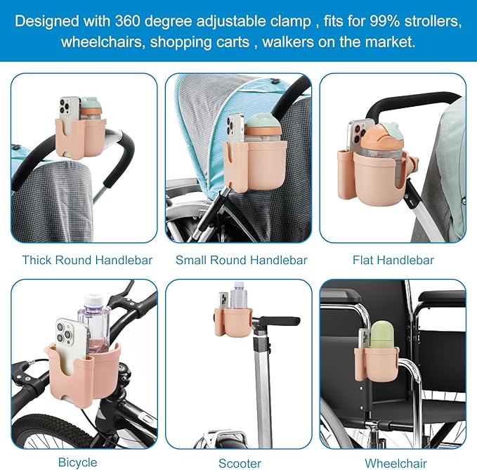 Accmor Stroller Cup Holder with Phone Holder, Bike Cup Holder, Universal Cup Holder for Uppababy Nuna Doona Strollers, 2-in-1 Cup Phone Holder for Stroller Bike Accessory